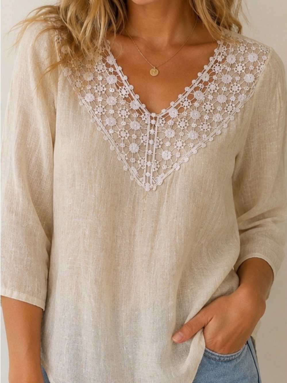 Spense Cream Lace V-Neck Boho Blouse Women’s Size Small 3/4 Sleeve